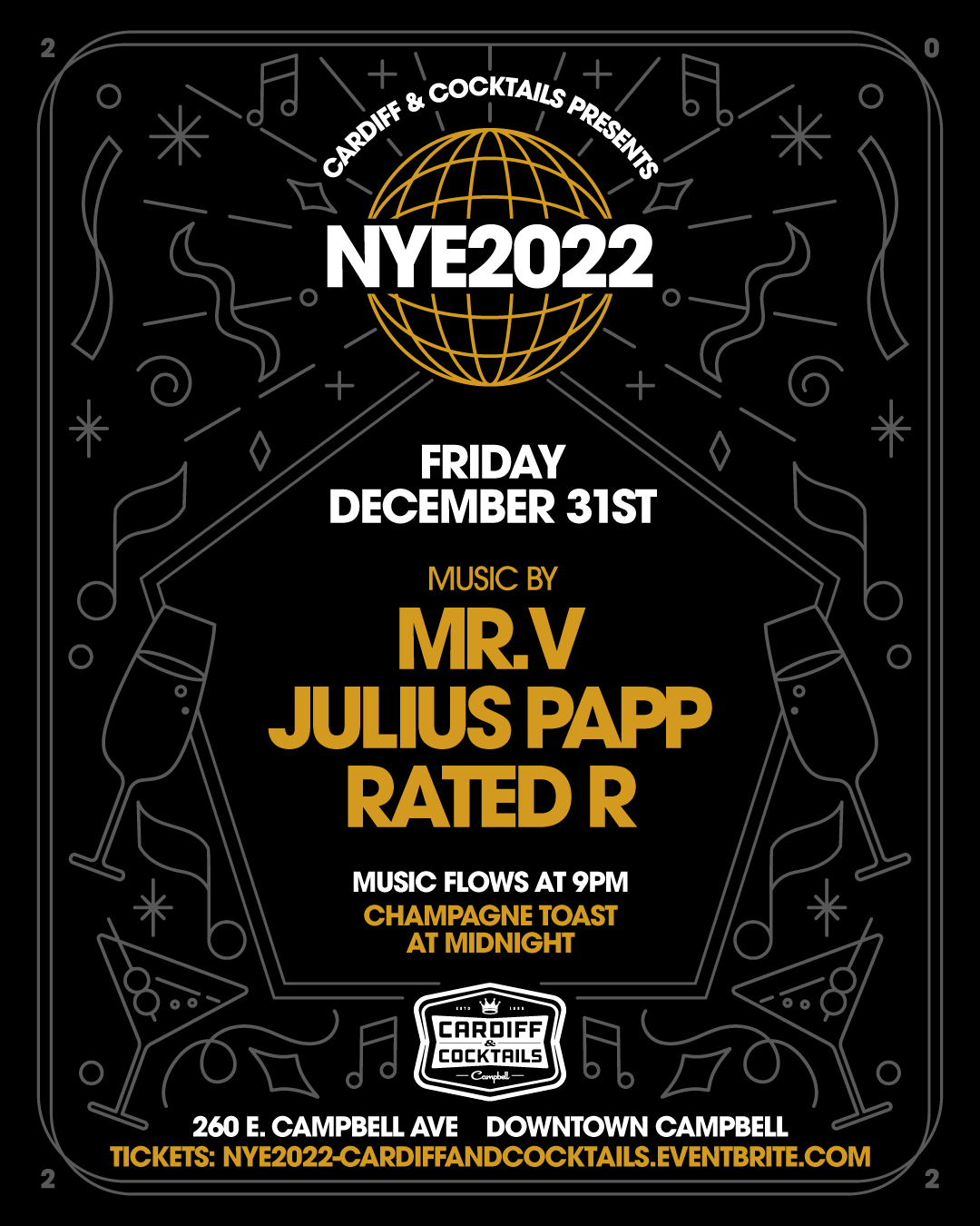 New Year’s Eve 2022 with Mr. V, Julius Papp, Rated R at Cardiff Lounge