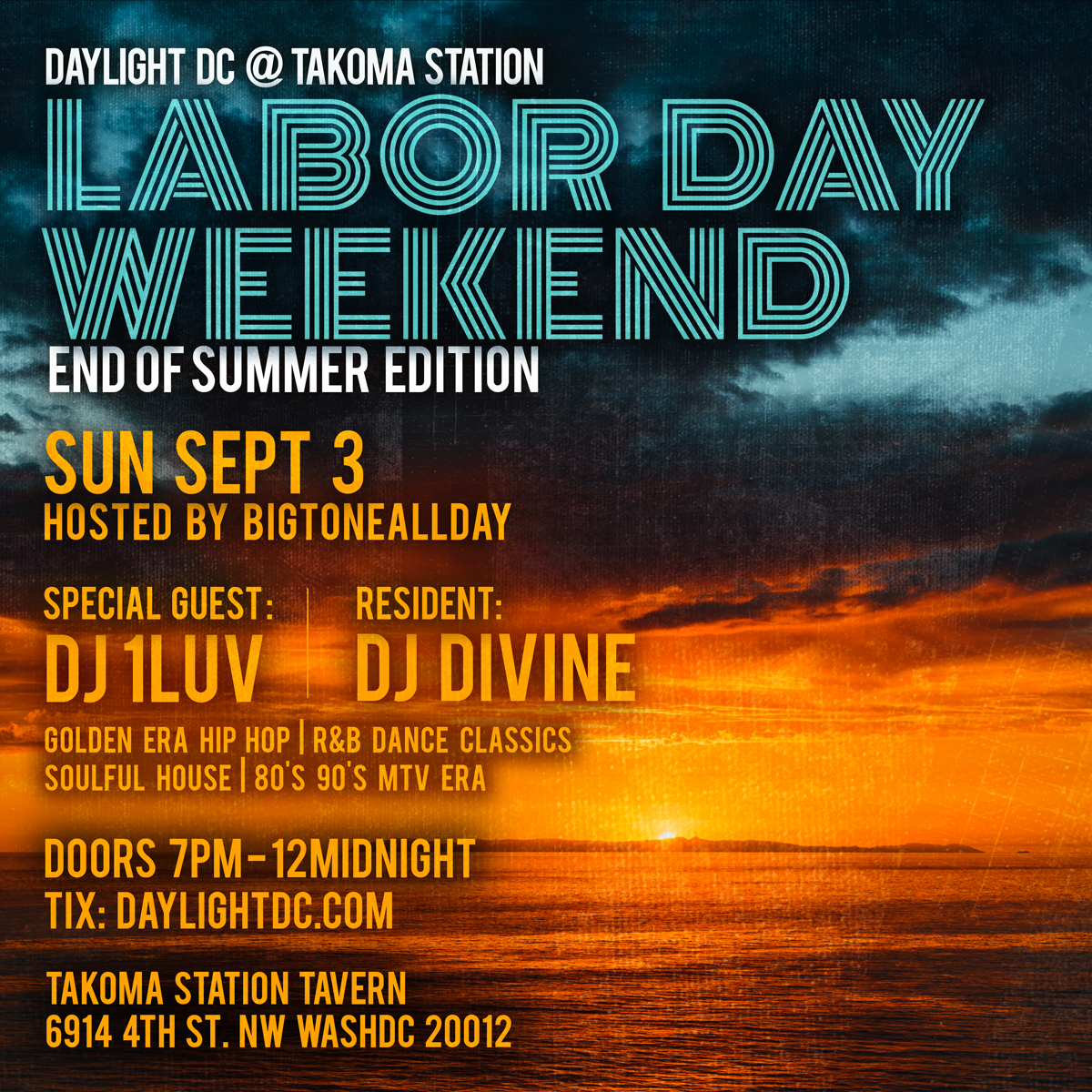 Daylight Labor Day Weekend at Takoma Station Tavern on Sun, Sep 3rd